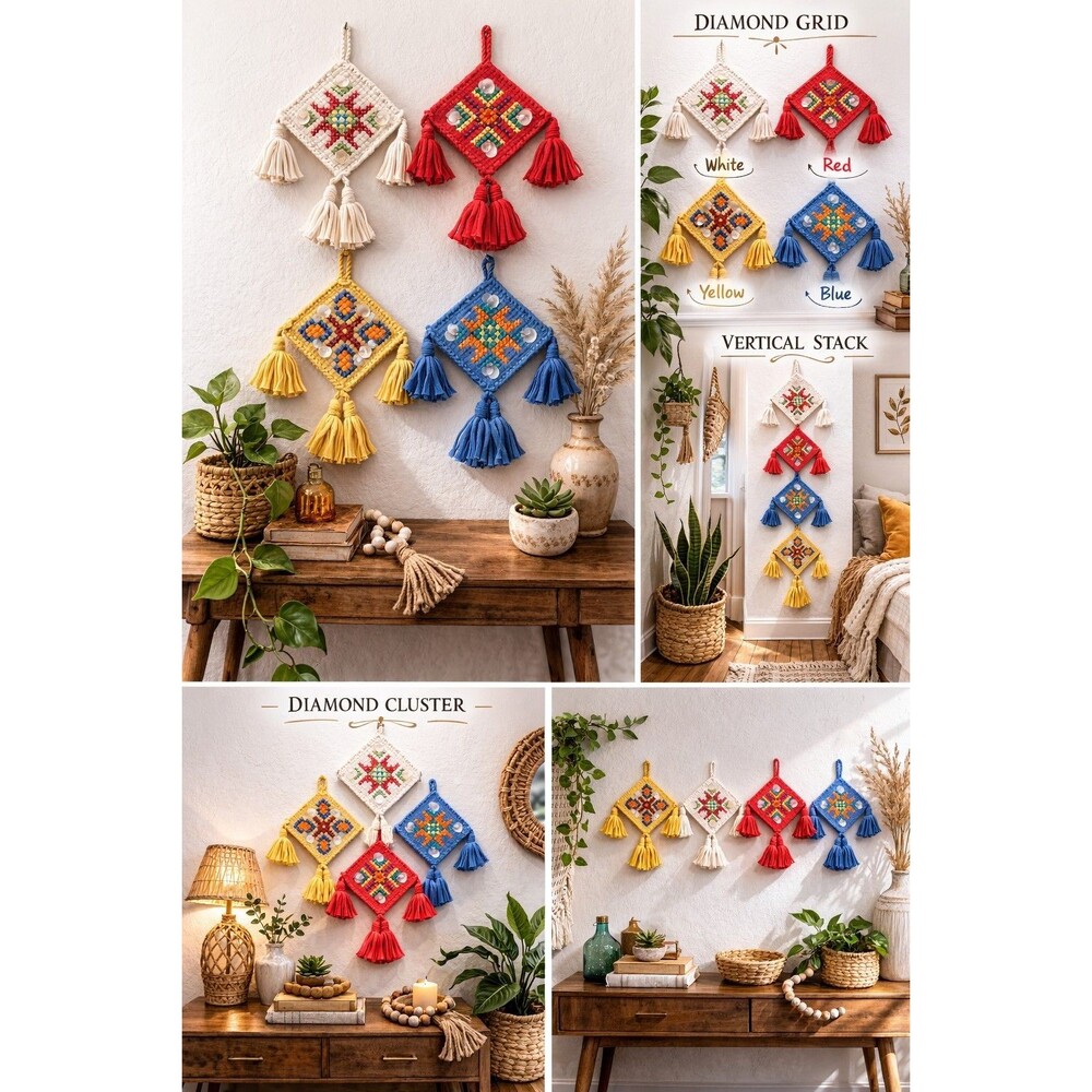 Vintage 70s Boho Yarn Wall Hanging Set of 4 Mini Tassel Folk Art Plaques 4"